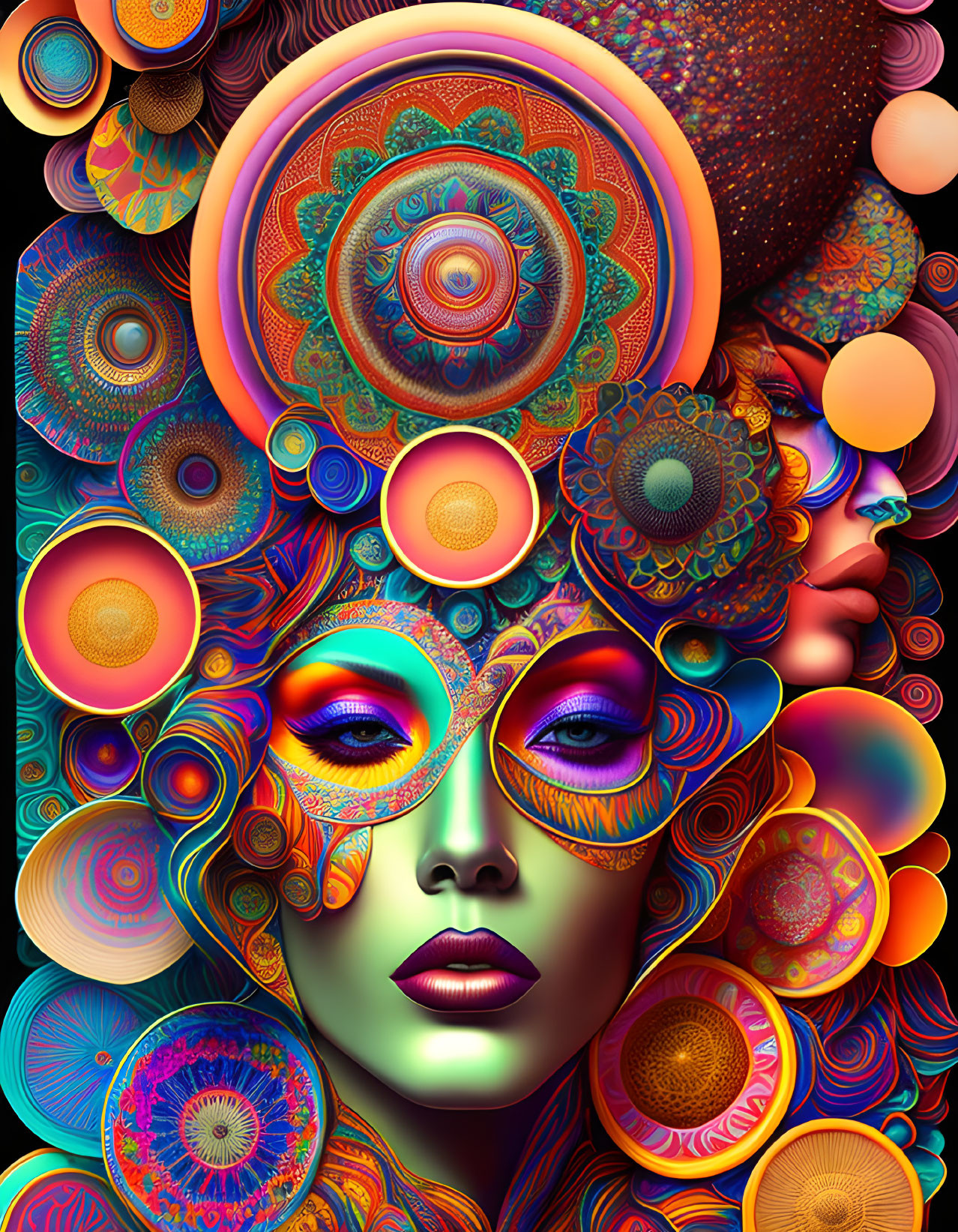 Colorful digital artwork of woman with psychedelic patterns & shapes.