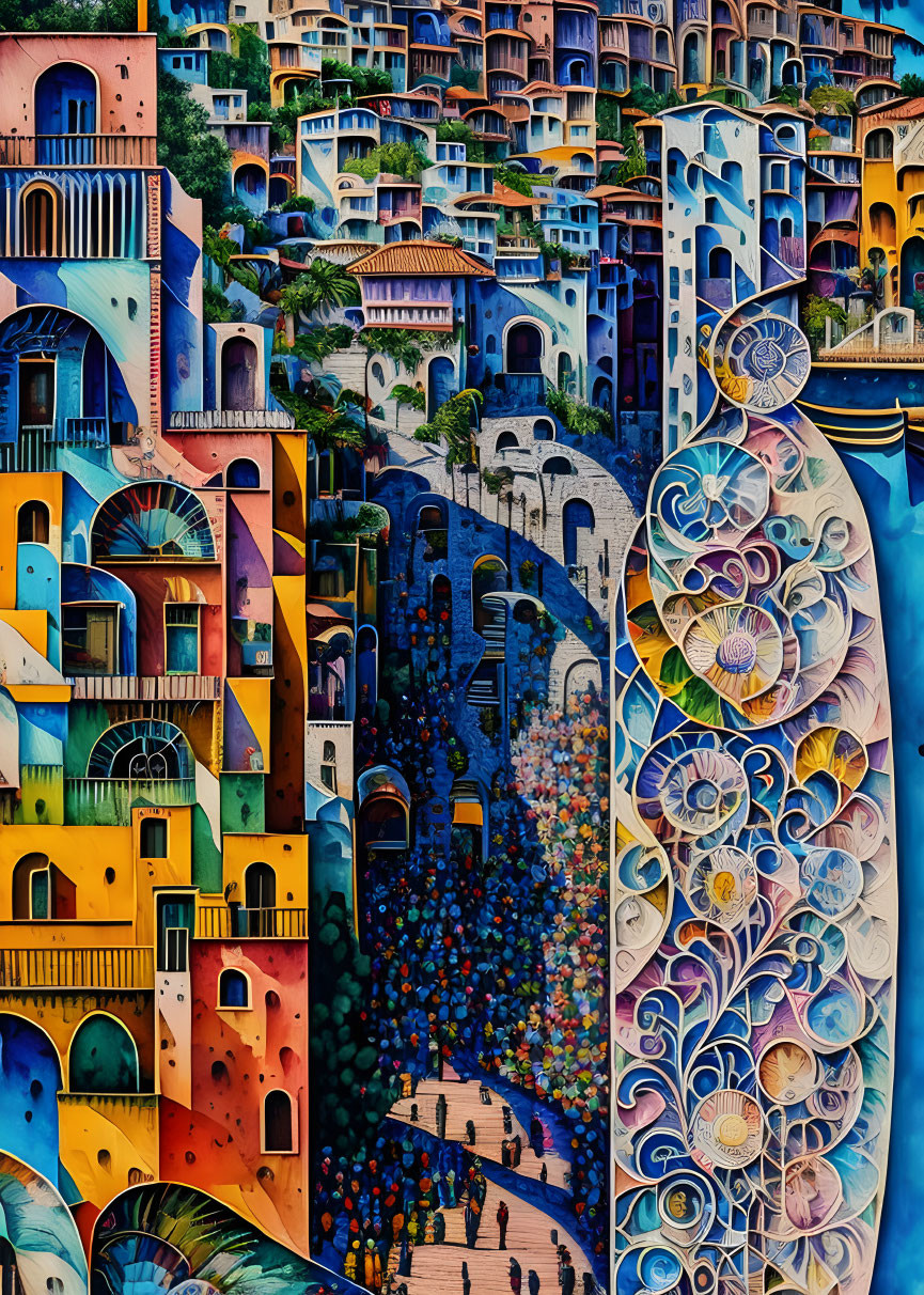 Colorful Painting of Bustling Village with Crowd and Decorative Patterns