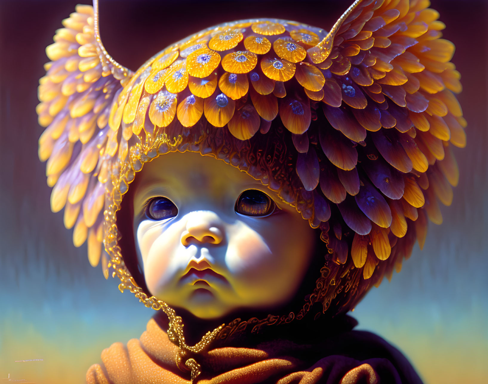 Detailed close-up illustration of a baby with golden bonnet and blue eyes