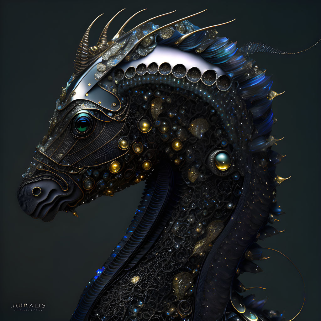 Detailed digital art: mechanized seahorse with metallic elements and glowing eyes on dark background