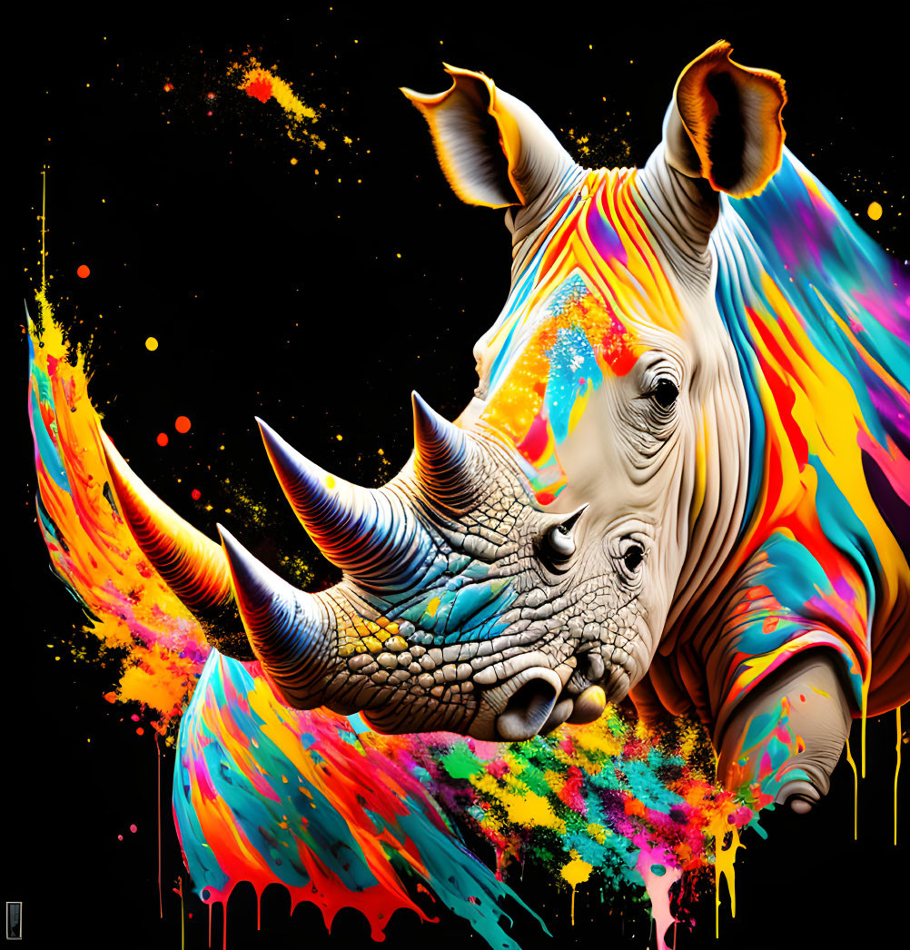 Vibrant rhinoceros head illustration on black background