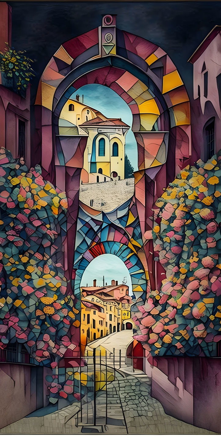 Colorful mural of stylized street scene with arches, buildings, and foliage