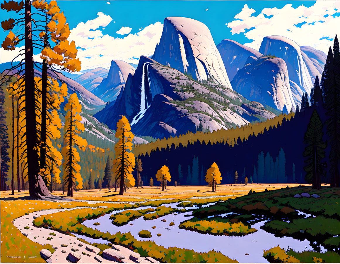 Colorful Mountain Landscape Illustration with Stream and Trees