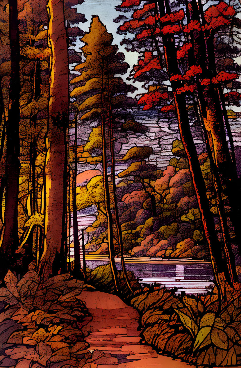 Vibrant forest sunset illustration with path to lake