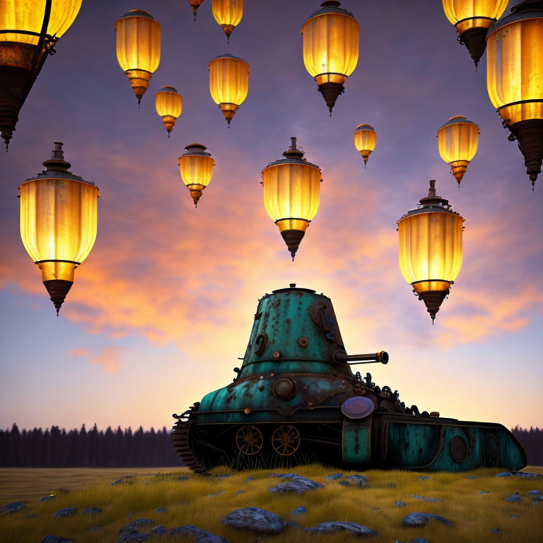 Vintage tank in field at dusk with hot air balloons in sky