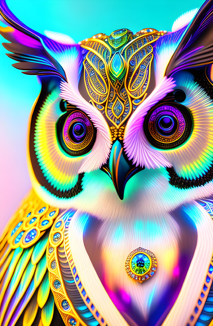 Colorful Owl Illustration with Jewel-like Details on Gradient Background