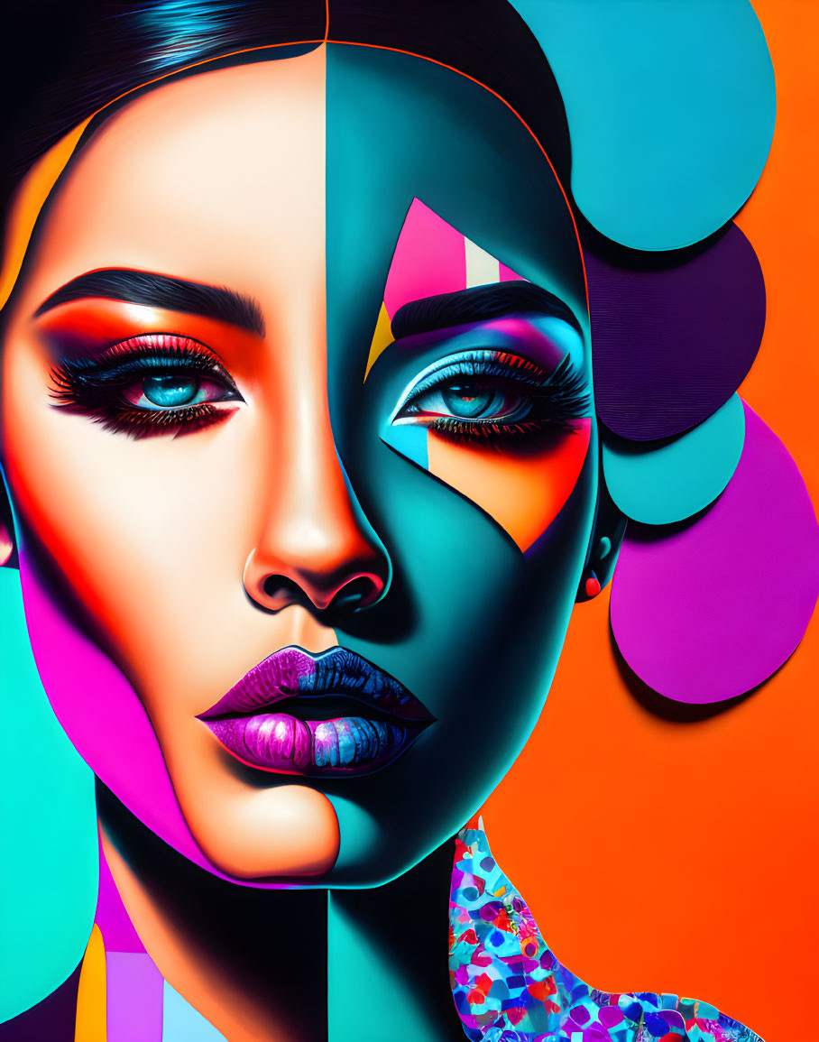 Split-face digital portrait of a woman with vibrant, abstract design