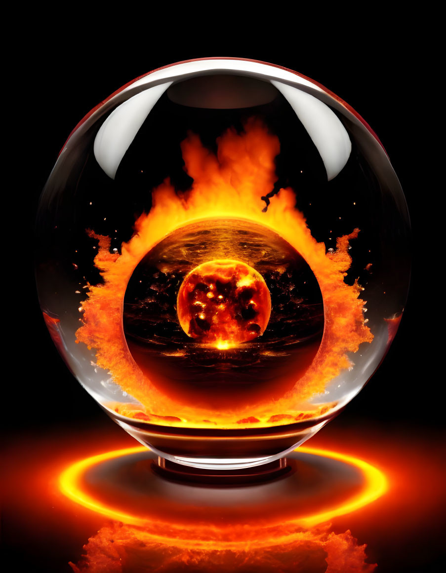 Crystal Ball with Fiery Explosion on Black Background