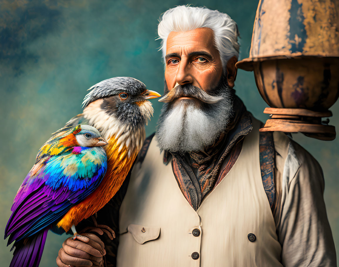 Elderly man in vintage attire with white beard and bird on arm poses with lantern