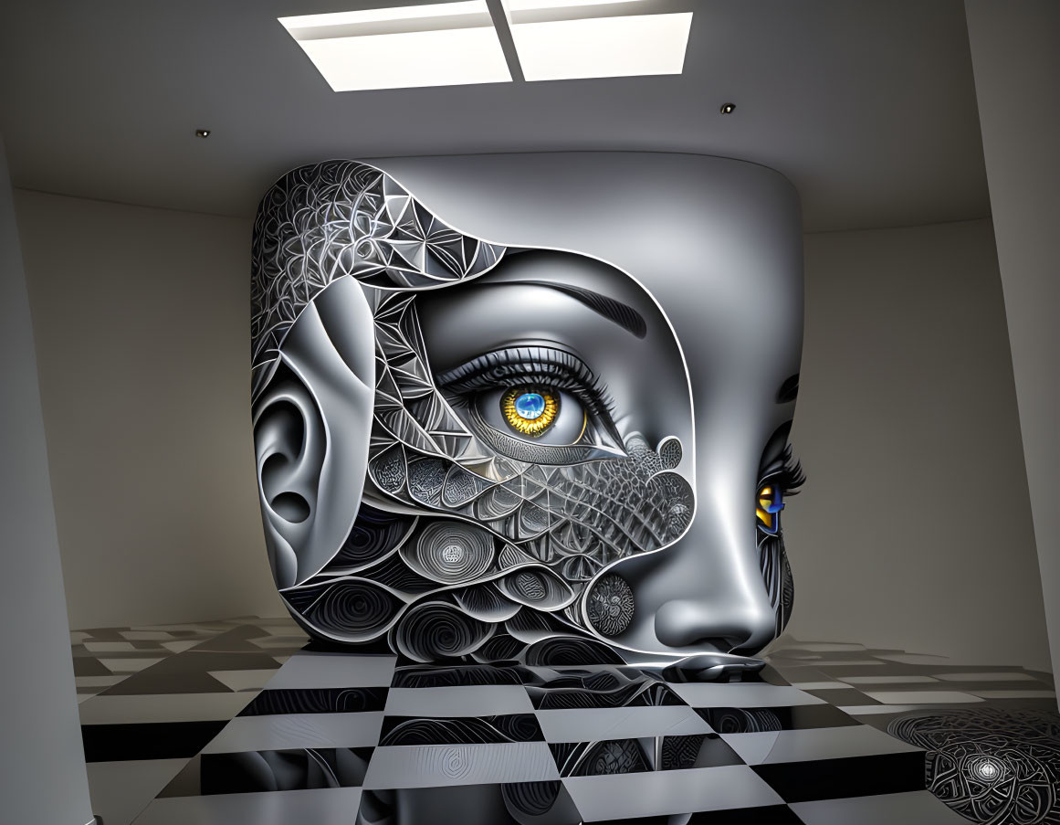 Surreal 3D room with checkered floors and massive stylized face sculpture