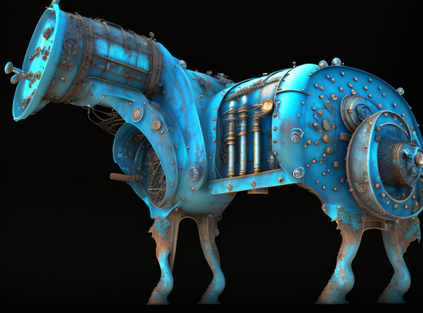 Mechanical horse 3D rendering in blue rusted metal with rivets and gears