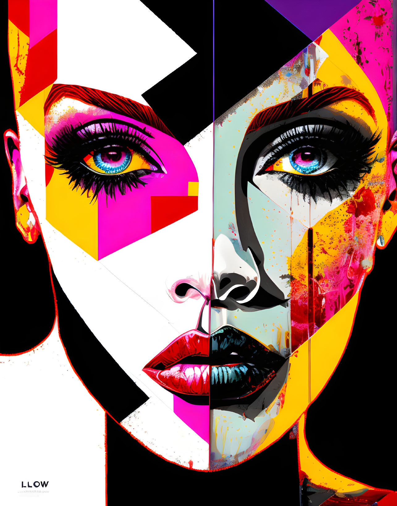 Colorful abstract art: Woman's face in four quadrants with geometric patterns