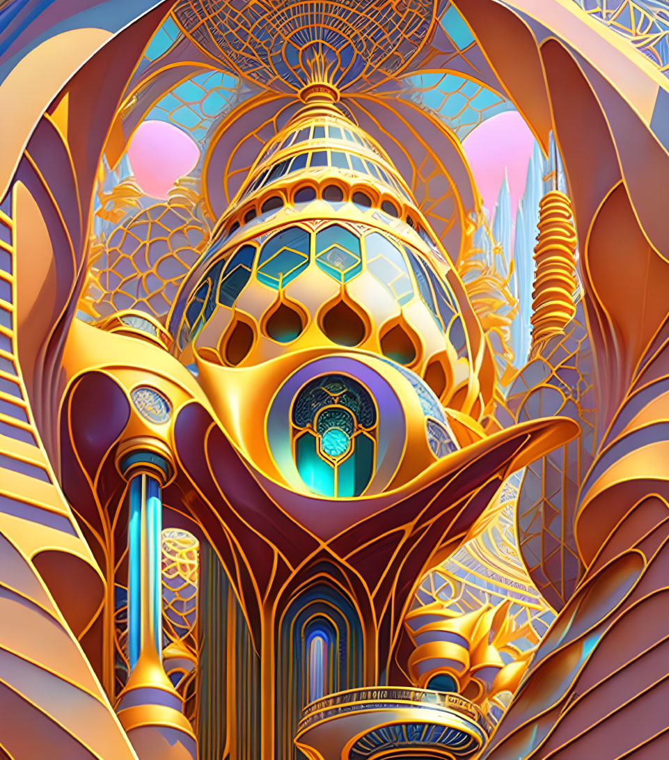 Futuristic golden architecture with intricate patterns and domes