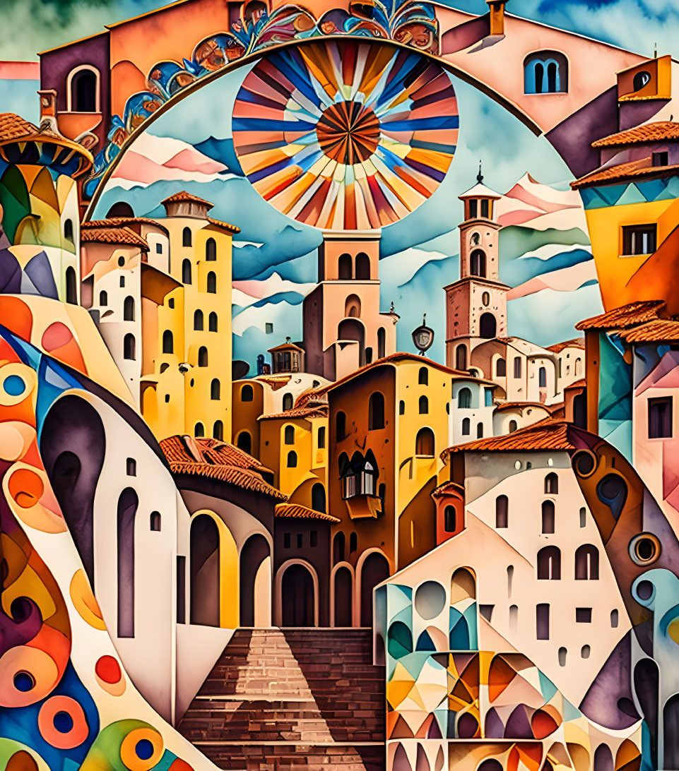 Colorful Surreal Artwork: Fantastical Town with Whimsical Architecture