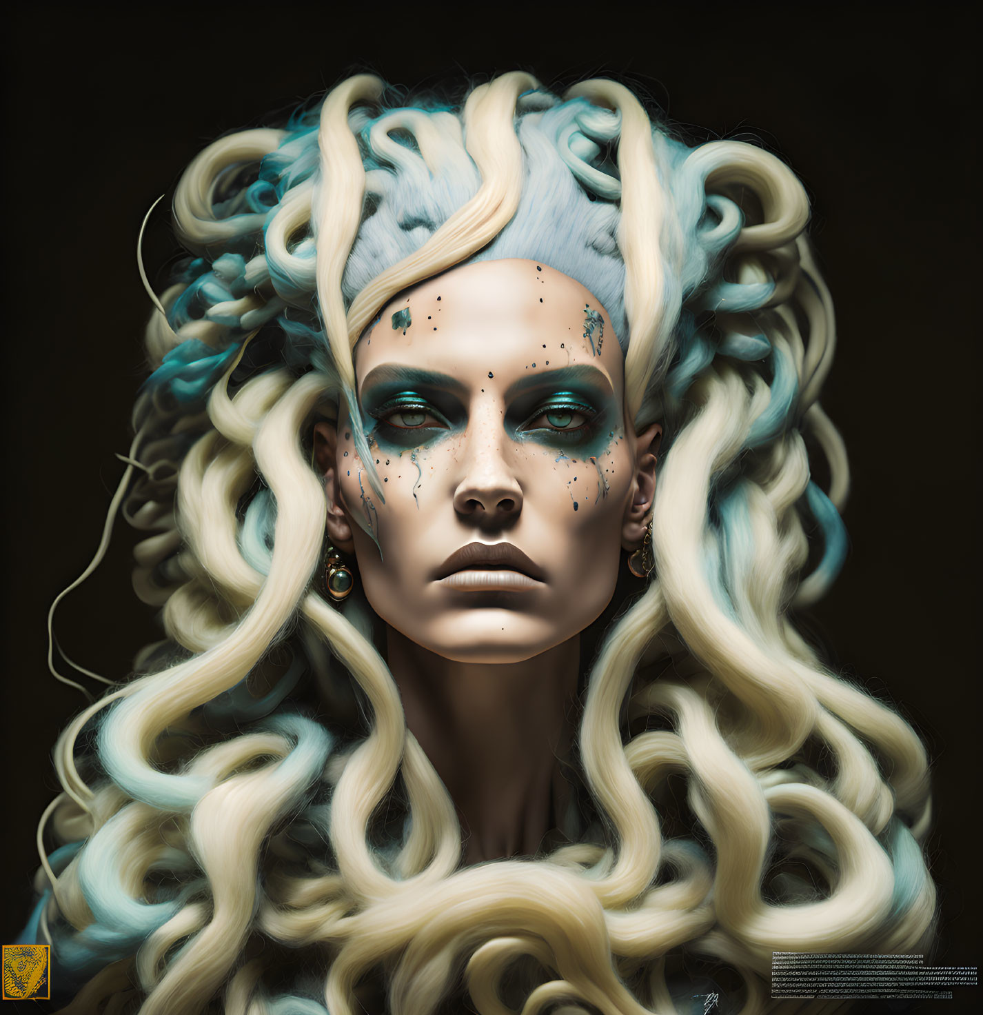 Digital portrait of female figure with pale blue skin and wavy white hair with dark speckles.