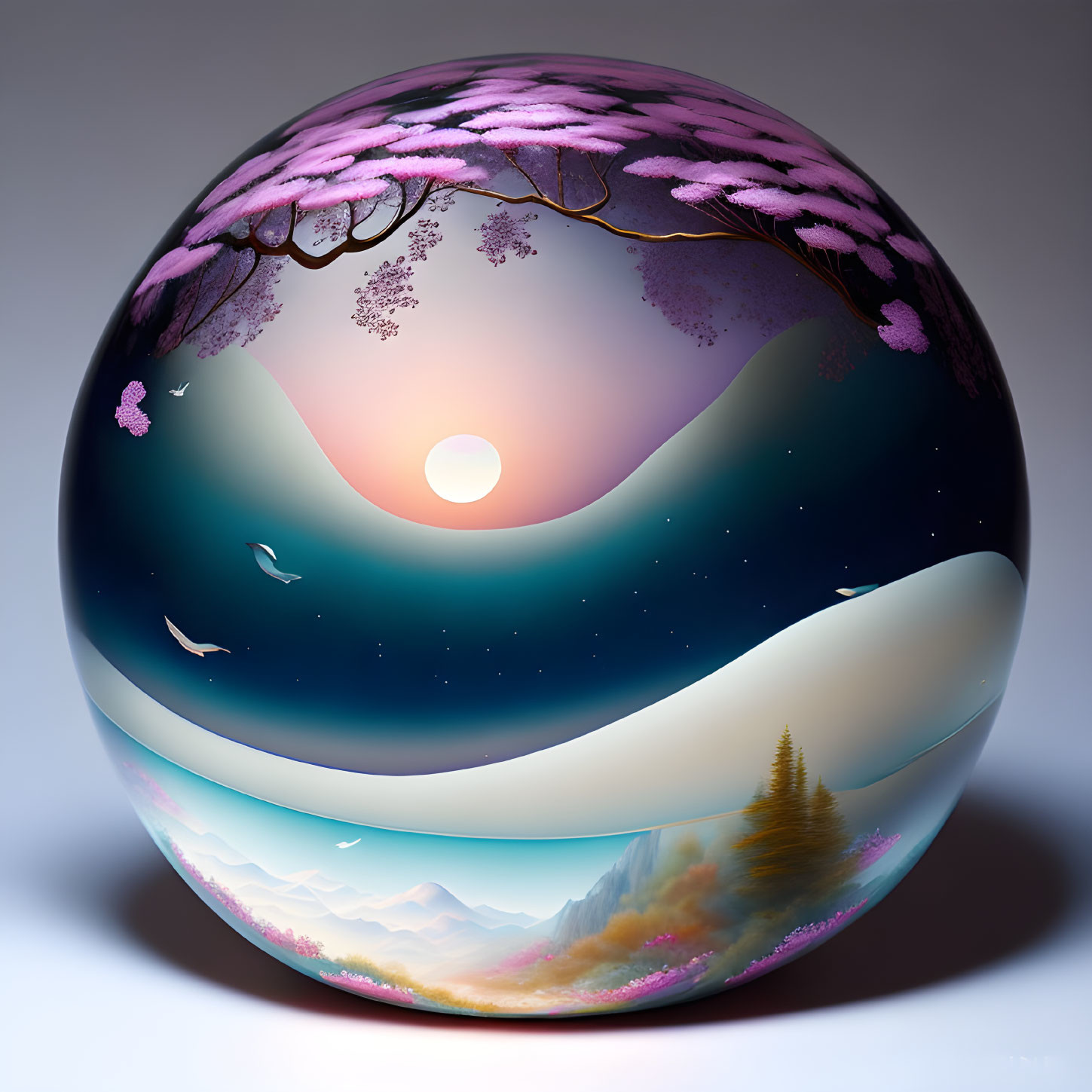 Spherical artwork showcasing landscape with trees, birds, and setting sun