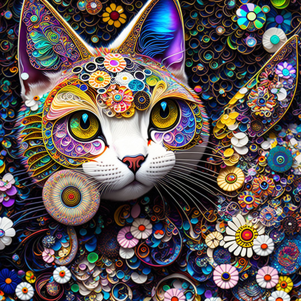 Vibrant digital artwork of cat's face with floral motifs