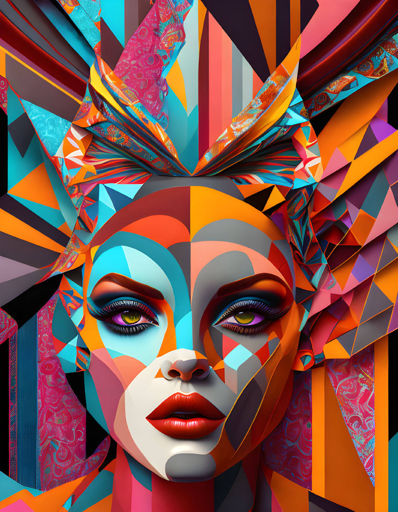 Colorful digital artwork: Woman with geometric patterns and decorative headdress