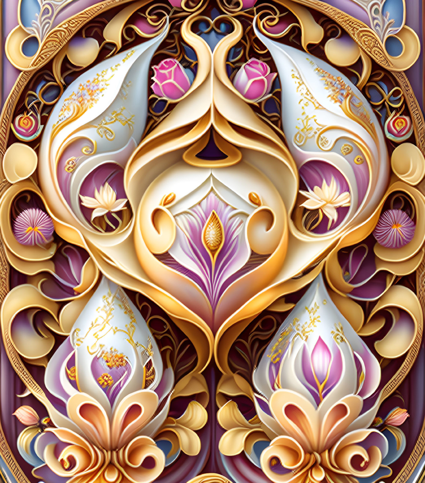 Symmetrical Floral Mandala Design with Gold Embellishments and Rich Color Palette