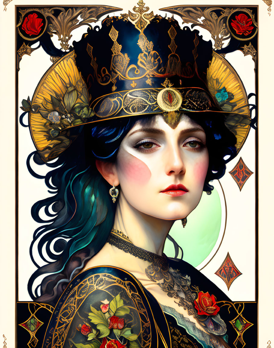 Illustrated woman with teal hair and wide-brimmed hat in Art Nouveau style