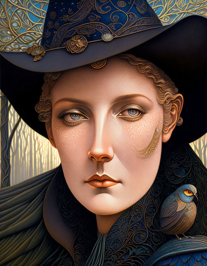 Stylized portrait of person in embellished hat and cloak with bird, surrounded by slender trees