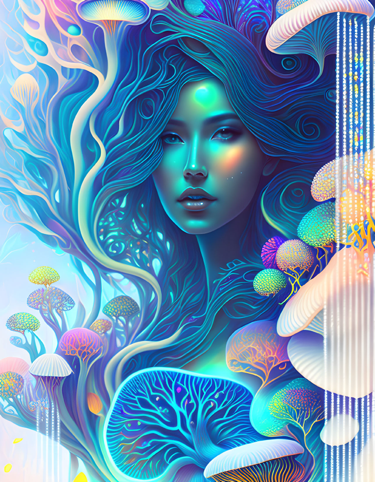 Woman with flowing hair in fantastical marine scene with jellyfish and coral