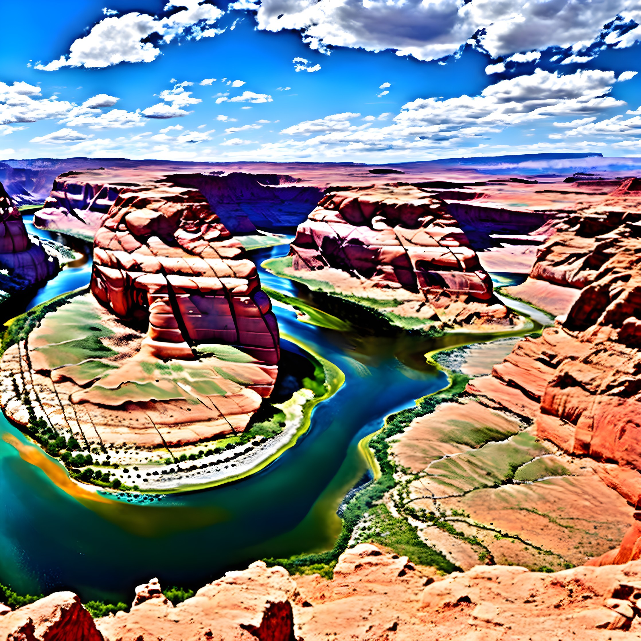 Colorful Landscape with Serpentine River and Sandstone Cliffs