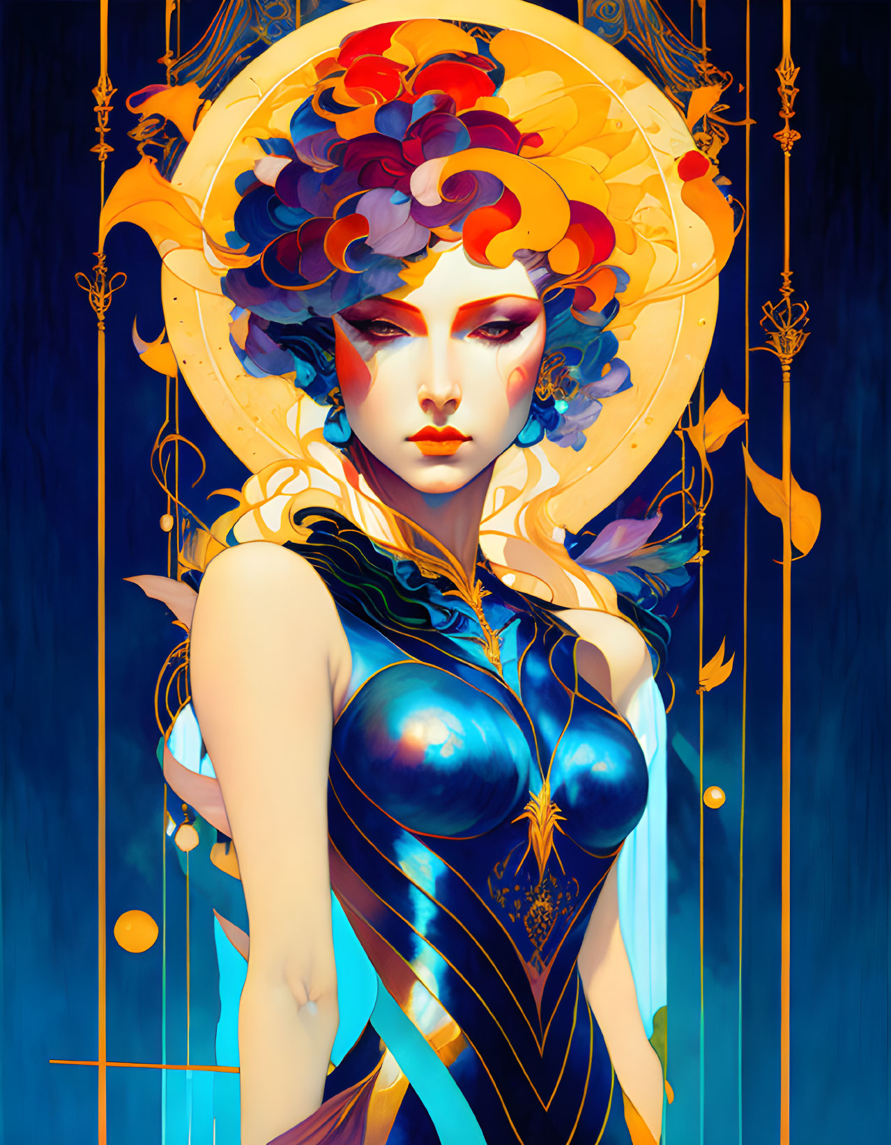 Illustrated female figure with stylized halo and vibrant hair in blue and gold on deep blue background.