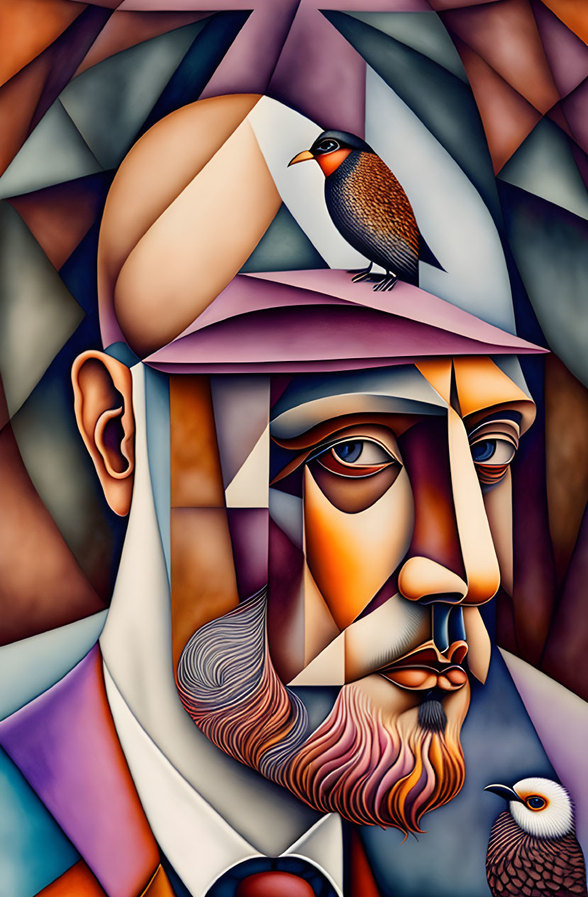 Colorful Abstract Portrait with Geometric Patterns and Bearded Man's Face