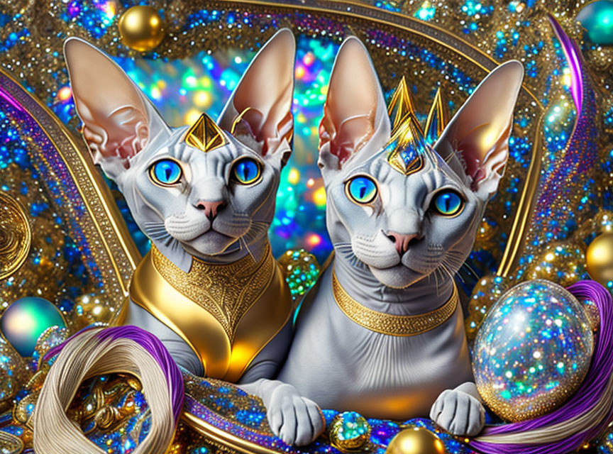 Regal sphynx cats with golden crowns and jewels on cosmic backdrop