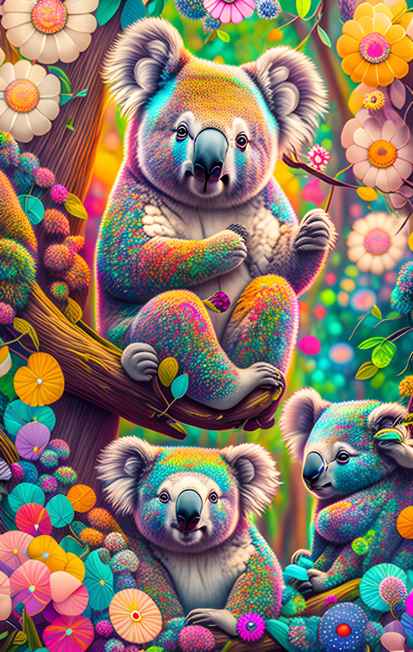 Colorful Koalas Surrounded by Psychedelic Flowers and Leaves