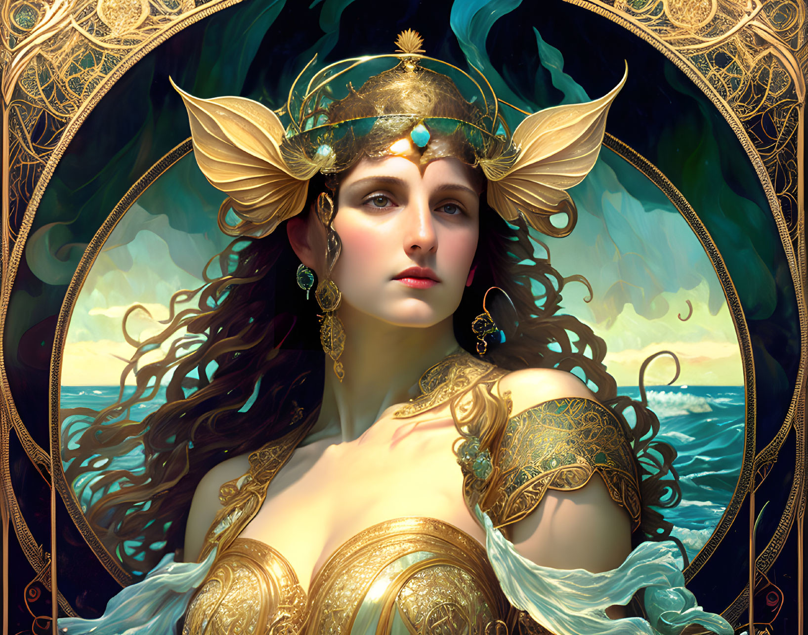 Regal woman with gold headpiece, tattoos, and sea background in elegant frames