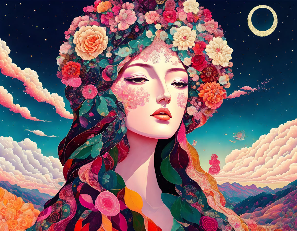 Colorful illustration: Woman with floral hair in scenic moonlit landscape