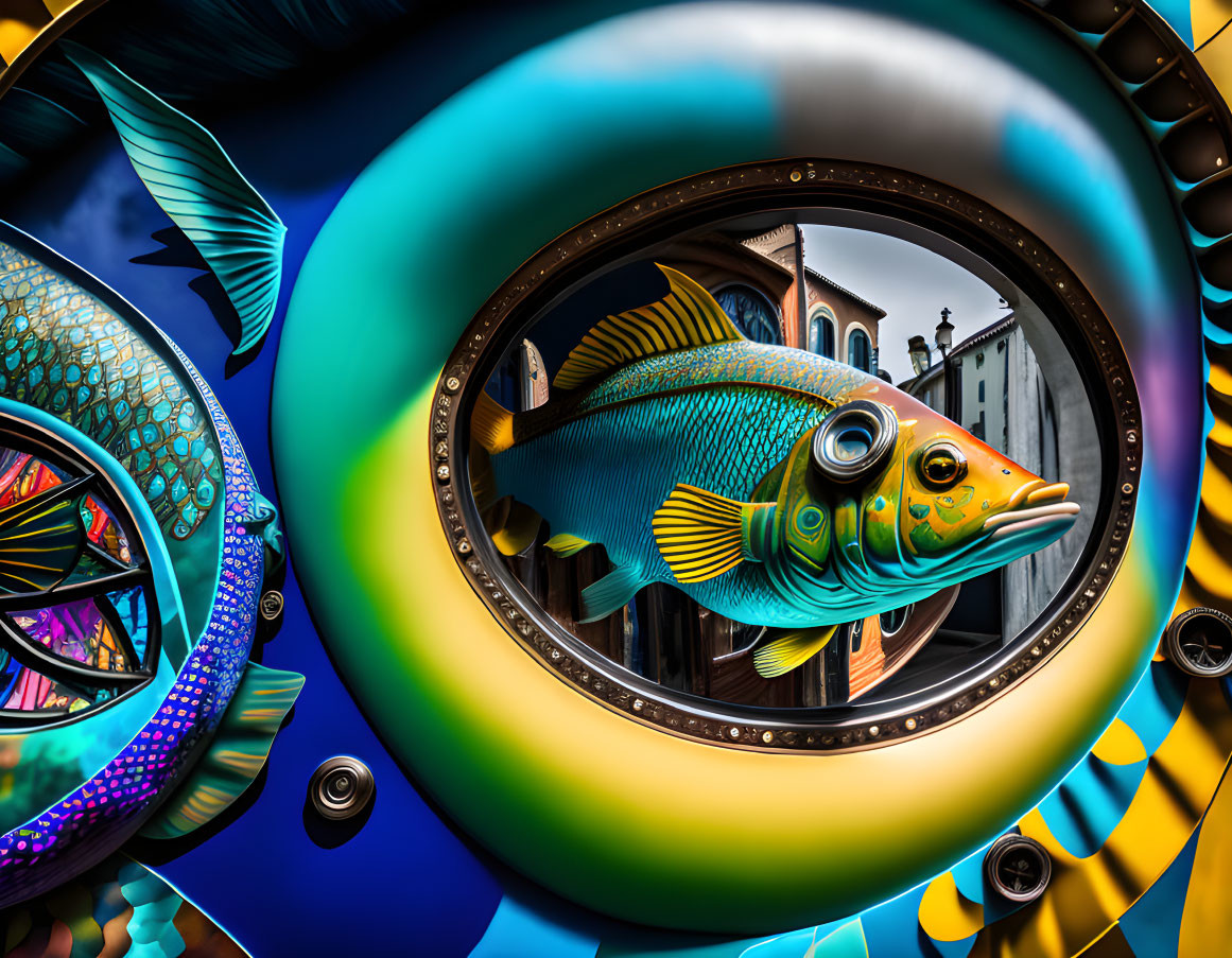 Colorful Surreal Artwork: Large Fish with Architectural Background