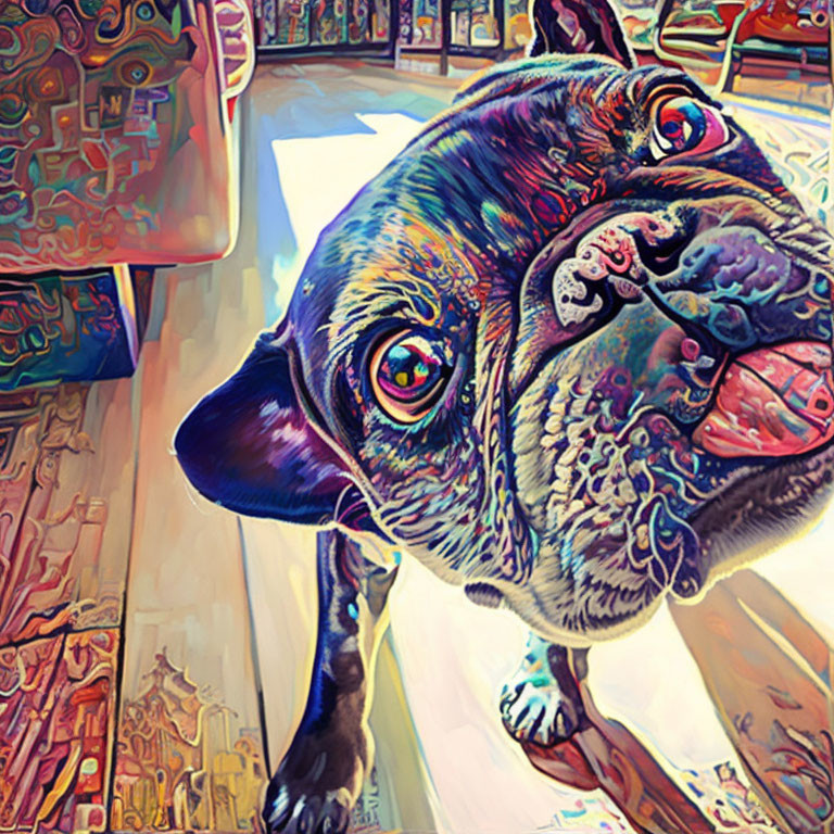 Colorful Stylized French Bulldog Close-Up with Vibrant Background