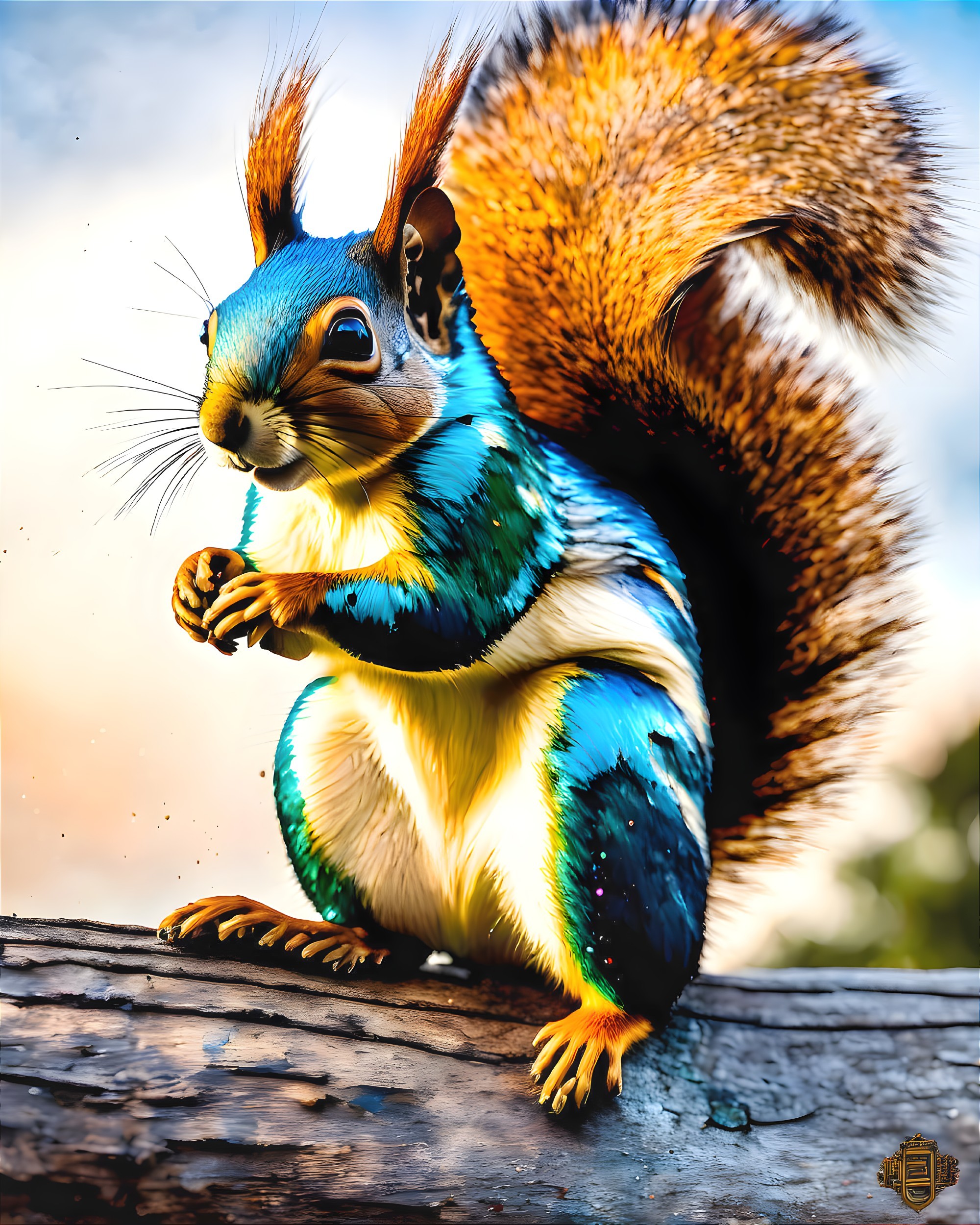 Colorful digitally modified squirrel holding nut on wooden surface