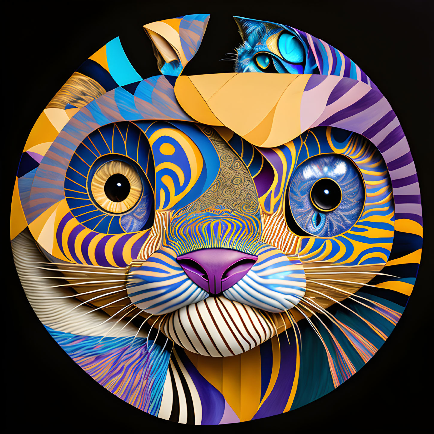 Geometric Tiger Face Illustration in Blue and Gold on Black Background