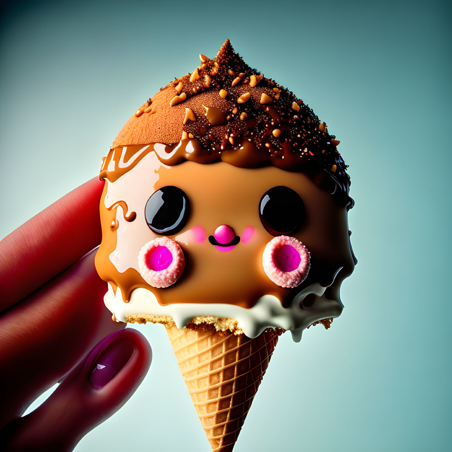 Chocolate ice cream cone with cute face held by hand on blue gradient background