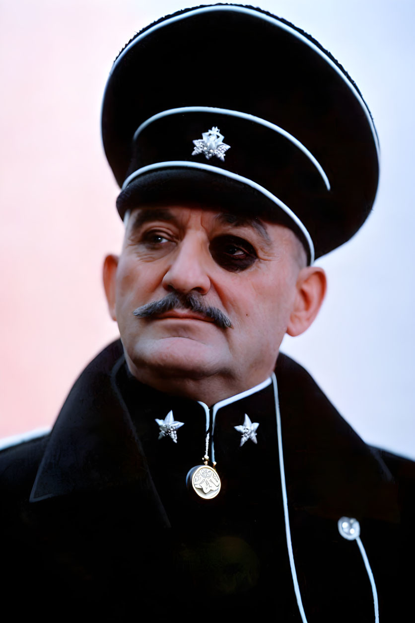 Uniformed Individual with Cap and Stars Pins in Pinkish Background