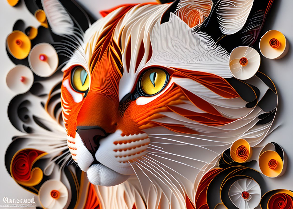 Vivid digital artwork of a tiger with intricate paper quilling designs