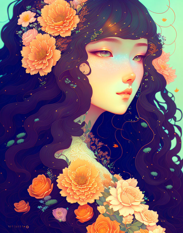 Digital artwork: Woman with long black hair and orange flowers, surrounded by fluttering creatures on teal background