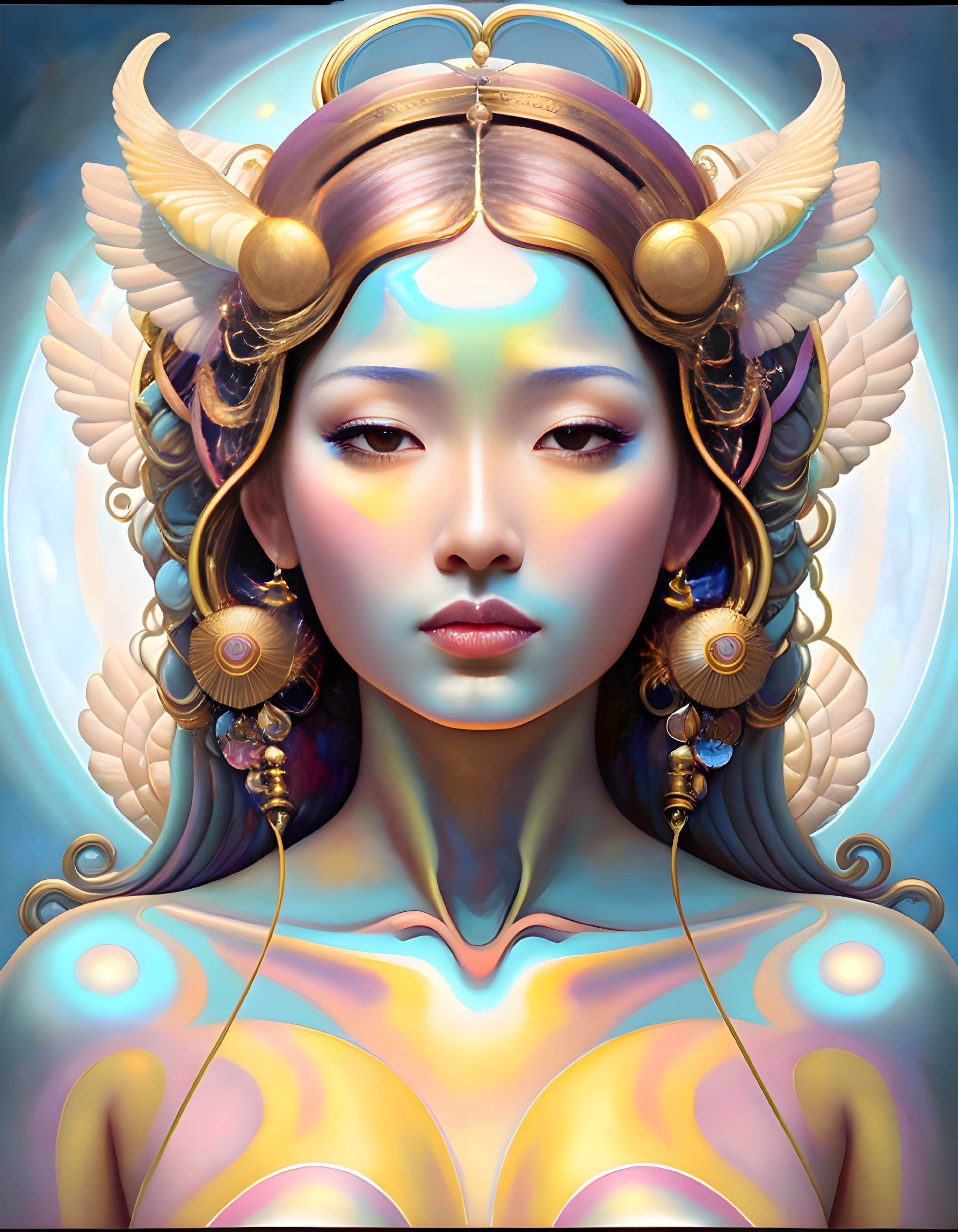 Digital art portrait of woman with fantasy headdress, iridescent makeup, and intricate jewelry