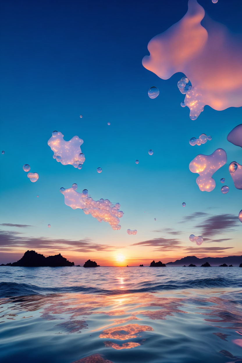 Vibrant sunset with clouds and bubbles above serene ocean