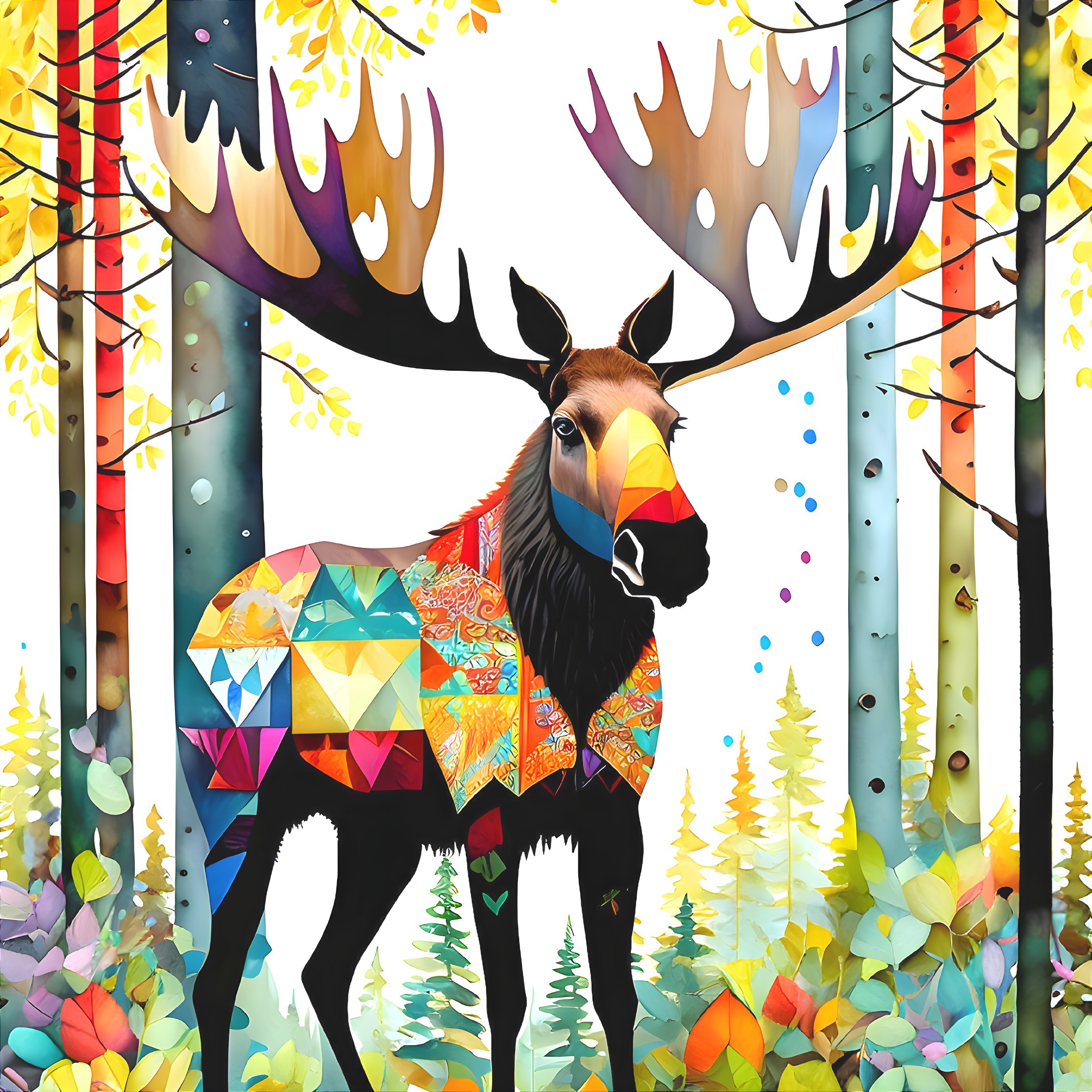 Colorful Geometric-Patterned Moose in Autumn Forest