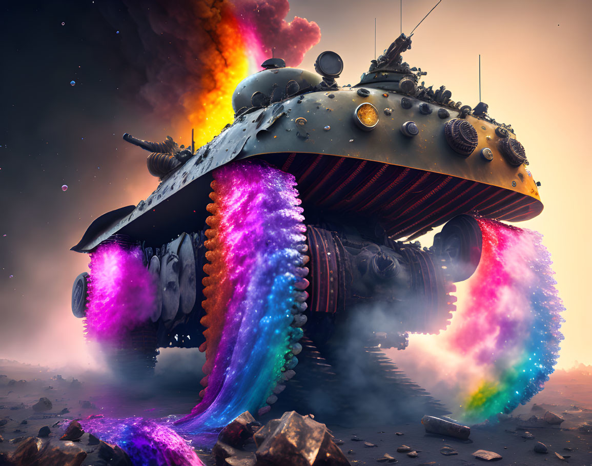 Fantastical tank with glowing tentacles on rocky terrain under stormy sky