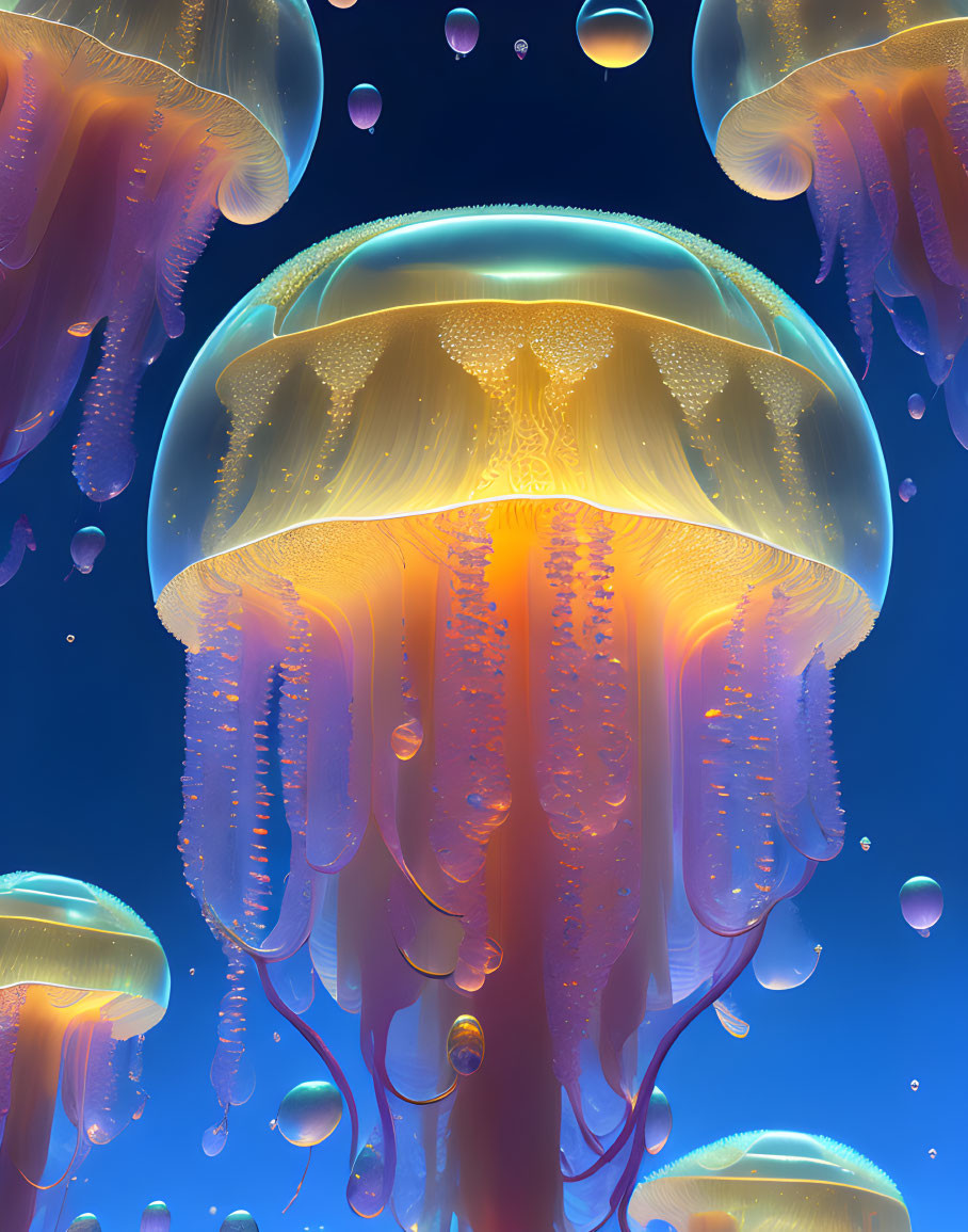 Bioluminescent jellyfish glowing underwater with bubbles