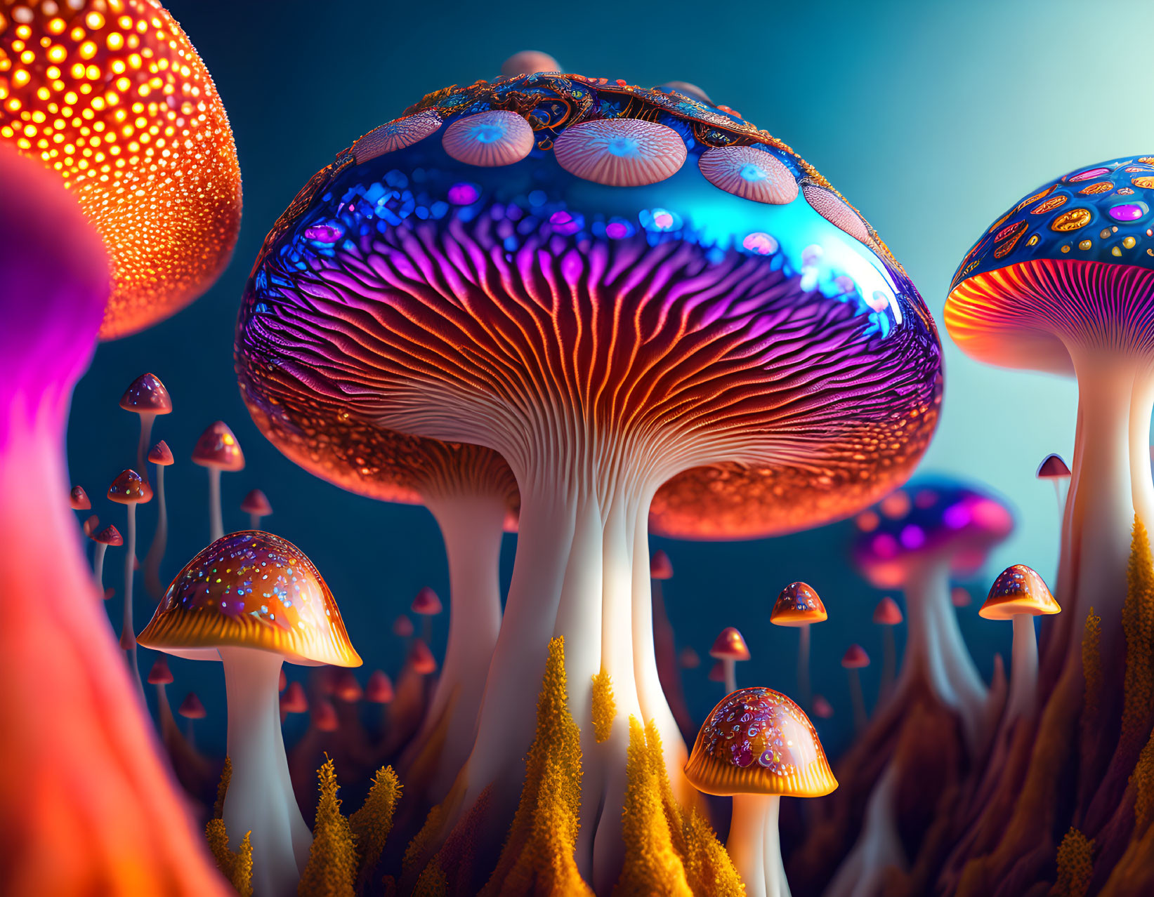 Bioluminescent mushrooms in neon forest scene