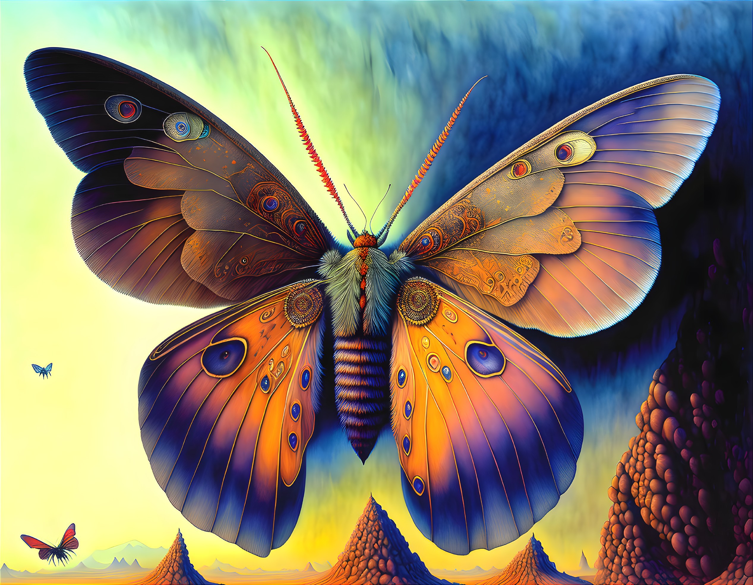 Detailed illustration of large butterfly with intricate wing patterns in fantastical landscape