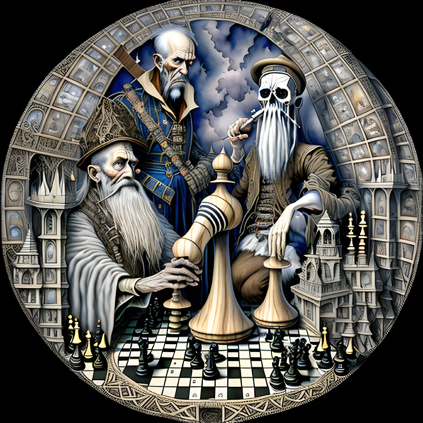 Detailed illustration of two whimsical elder characters playing chess in a fantastical setting