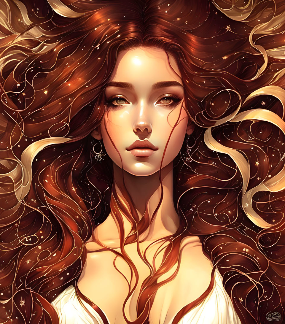 Digital Artwork: Woman with Flowing Hair in Cosmic Background